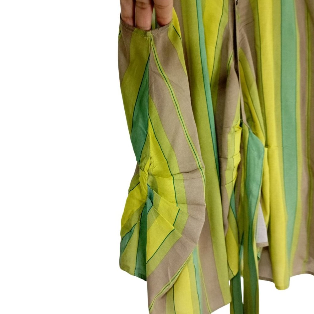 Free People Striped Sleeveless Button-Down Tie-Front Blouse Top S Green & Yellow - Picture 6 of 12